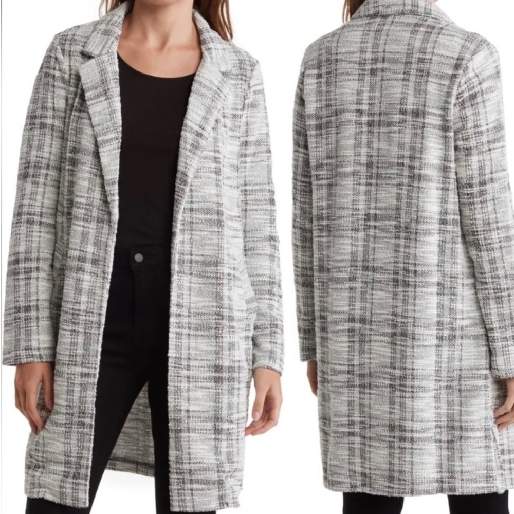 Melloday White Blue and Black Plaid Long Blazer Jacket
